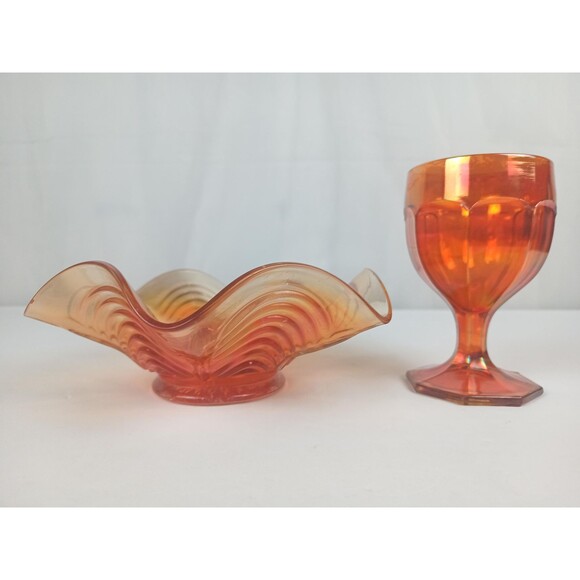 Vintage Bowl And Goblet Handmade Orange Carnival Glass Reverse Ruffled Edges - Picture 3 of 10